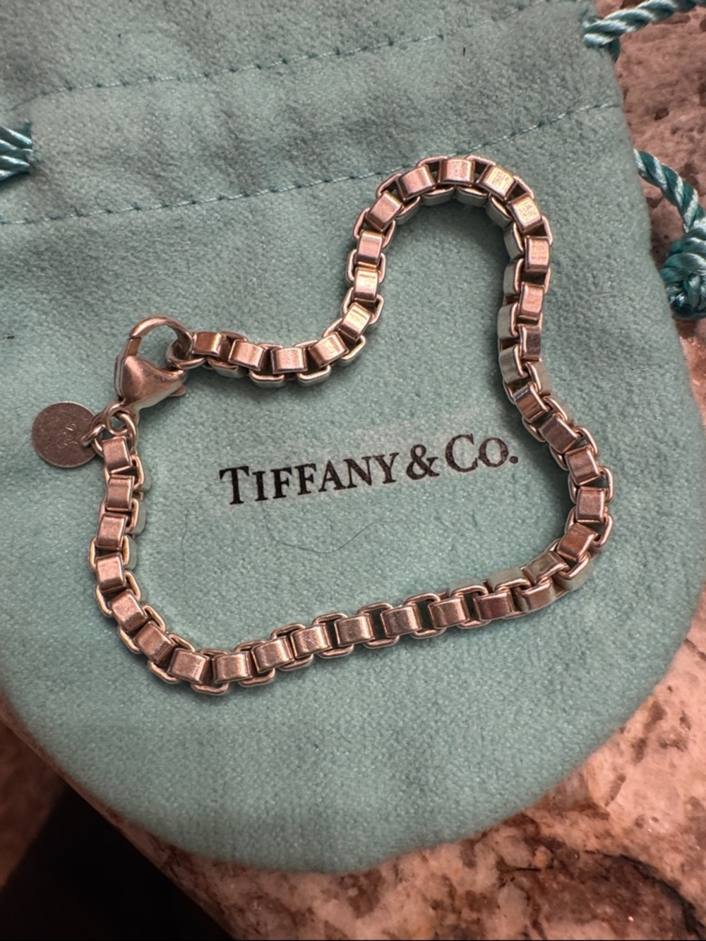 Tiffany & Co. Silver Box Venetian link Bracelet on Blue Pouch
